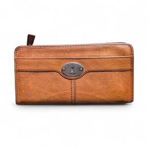 Fossil Genuine Leather Wallet Brown Womens Unisex Multi Feature Vintage Used